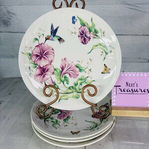 Totally Today Hummingbirds Pink Morning Glory Flower Ceramic Dinner Plate Set 4